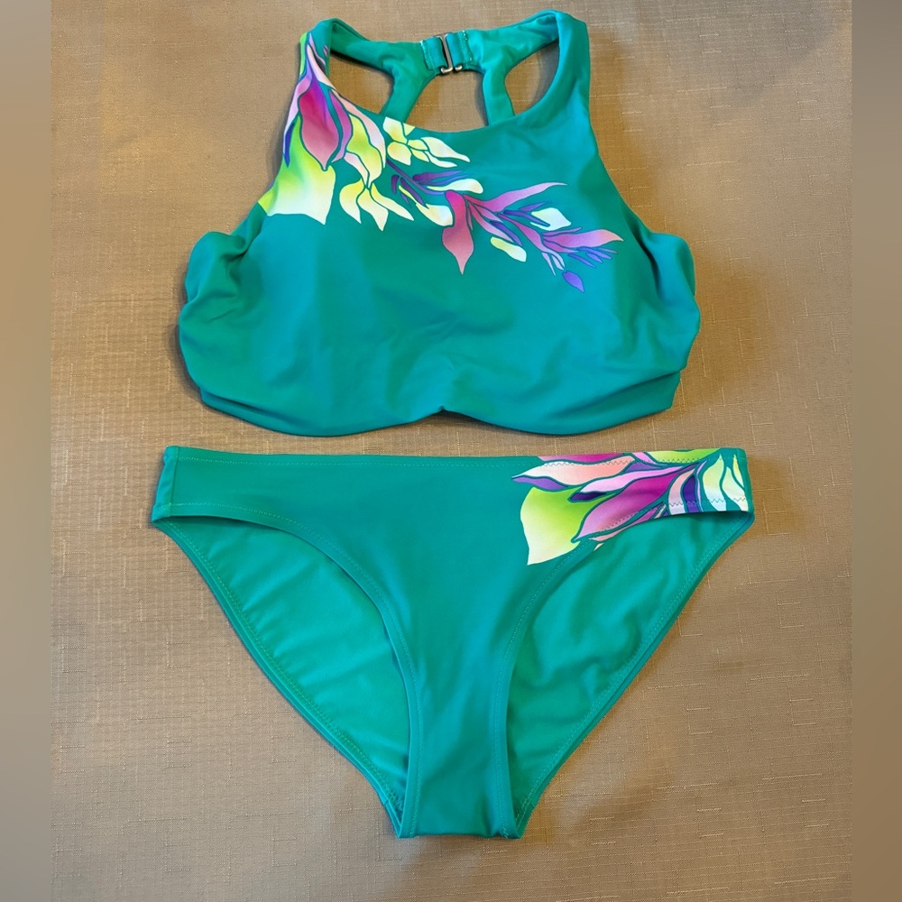 Athleta Teal Two-Piece Swim Bikini with Floral Accent